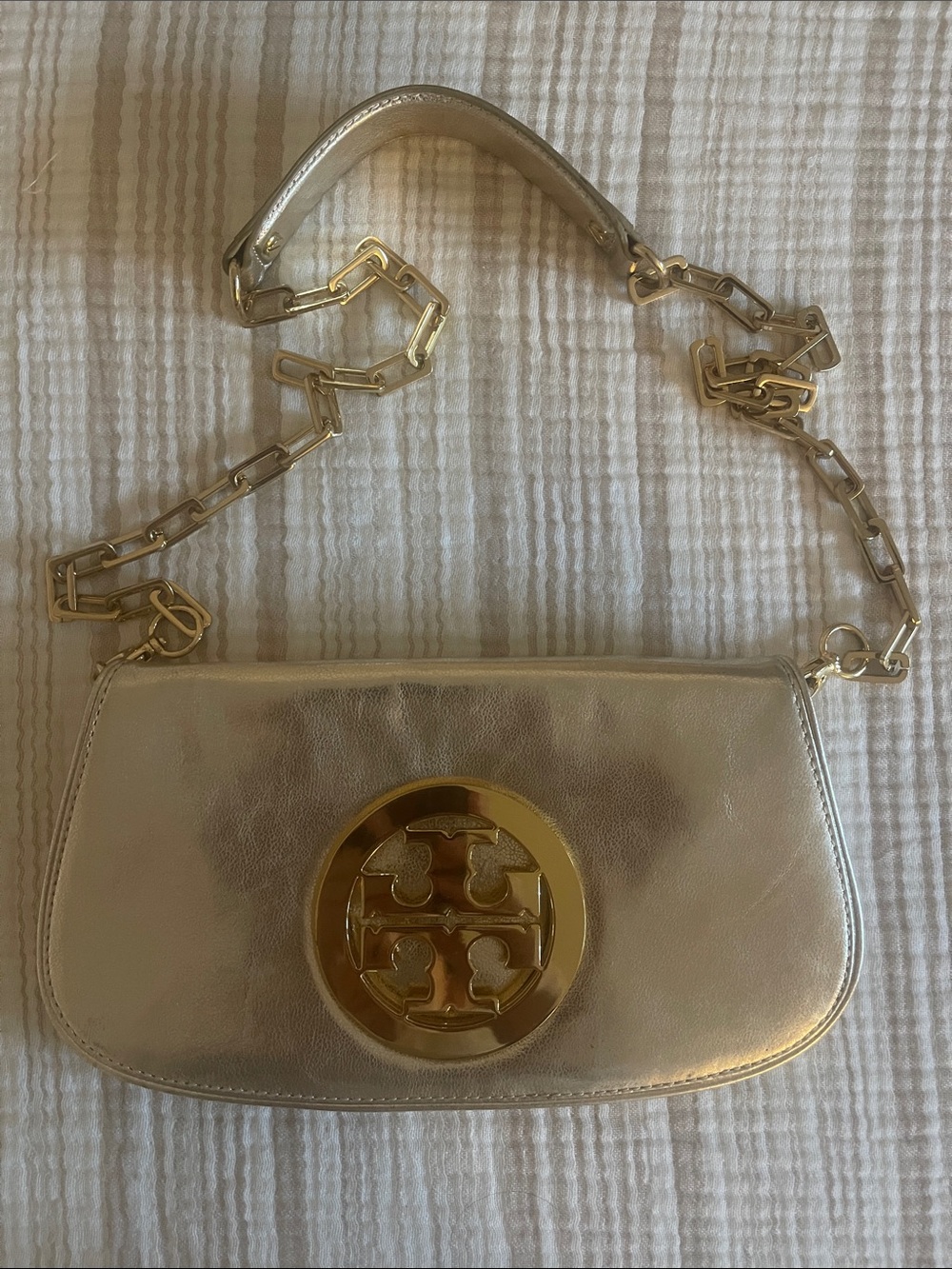 Tory Burch Metallic Gold Shoulder Bag with Logo Medallion